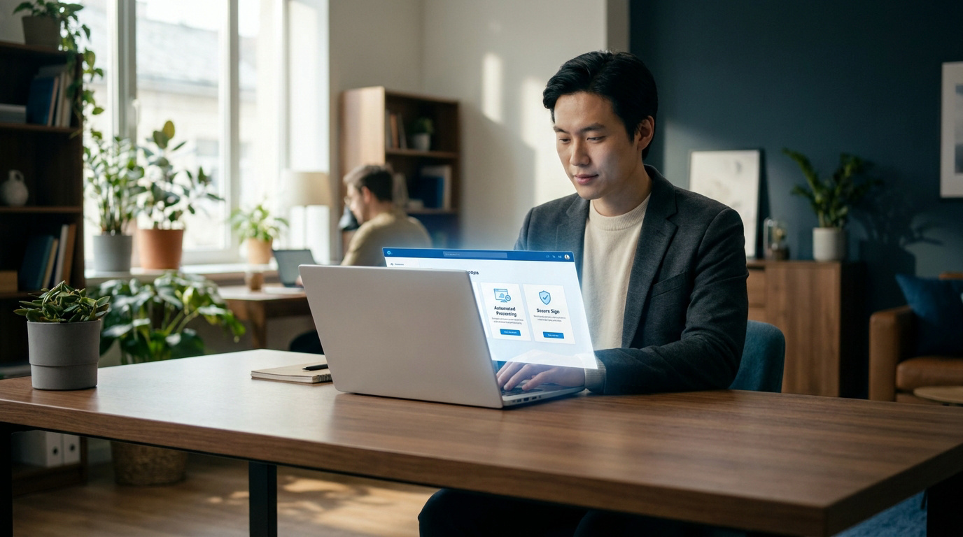 Un jeune homme travaillant sur un ordinateur portable dans un bureau moderne et lumineux.