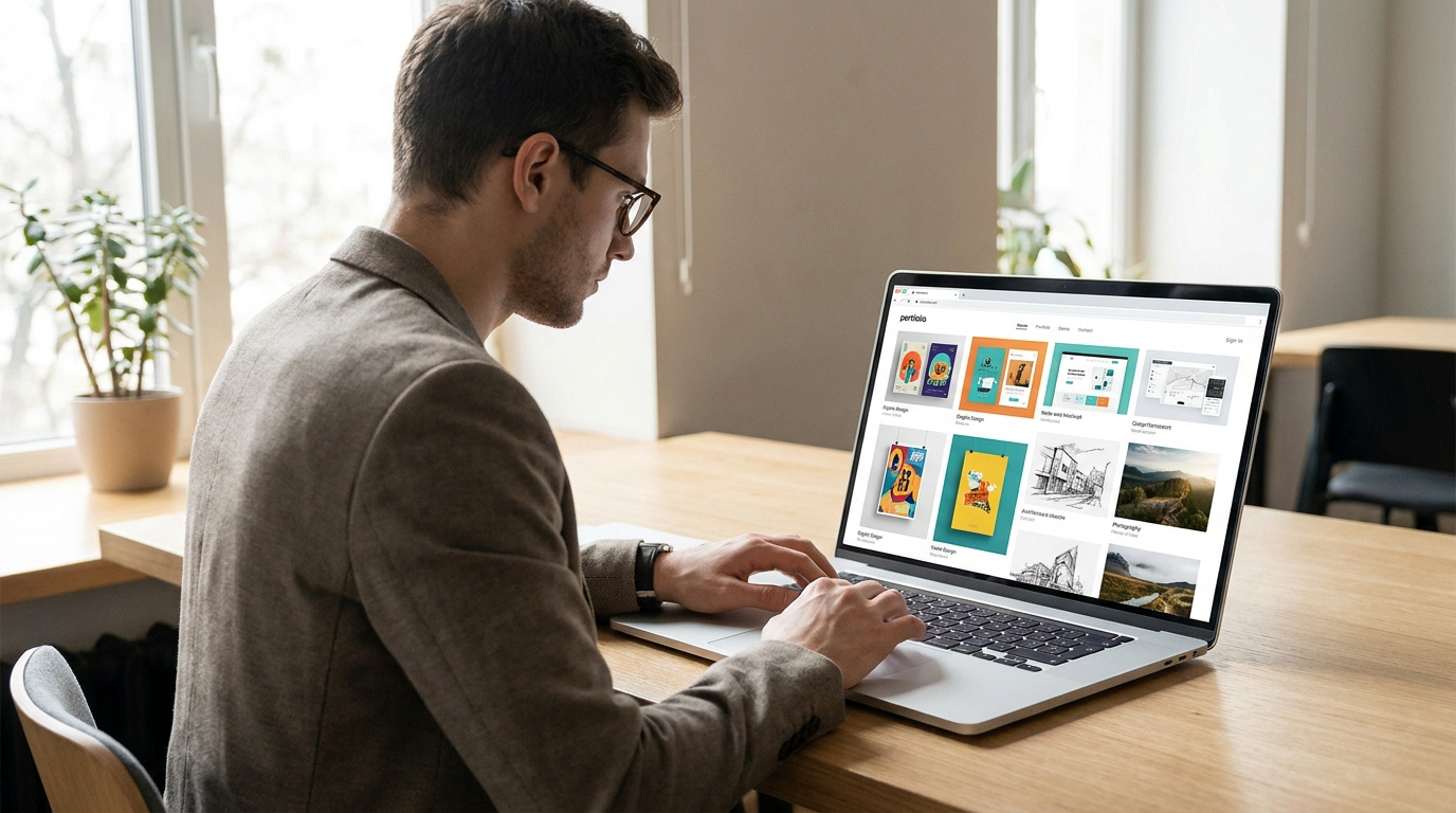 Un jeune homme à lunettes travaille sur un ordinateur portable affichant une galerie de projets de design créatif.