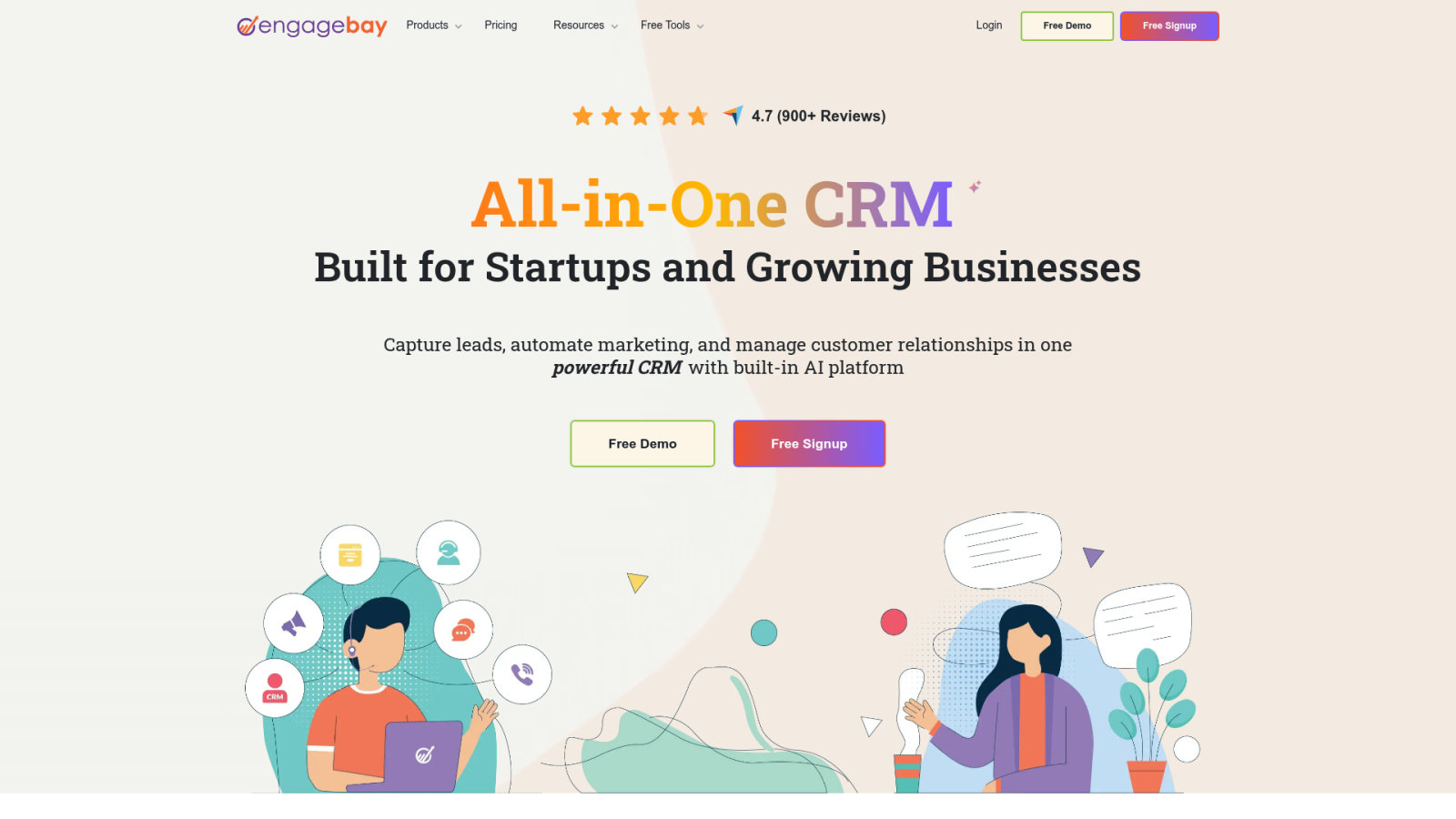 Page d'accueil du CRM EngageBay affichant les fonctionnalités de gestion client, marketing et automatisation.