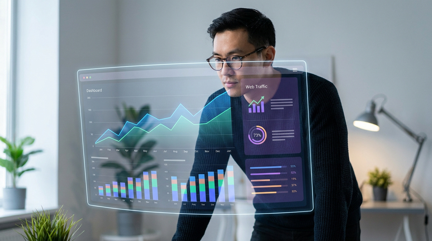 Un homme d'affaires consulte des données SEO sur un écran holographique numérique.