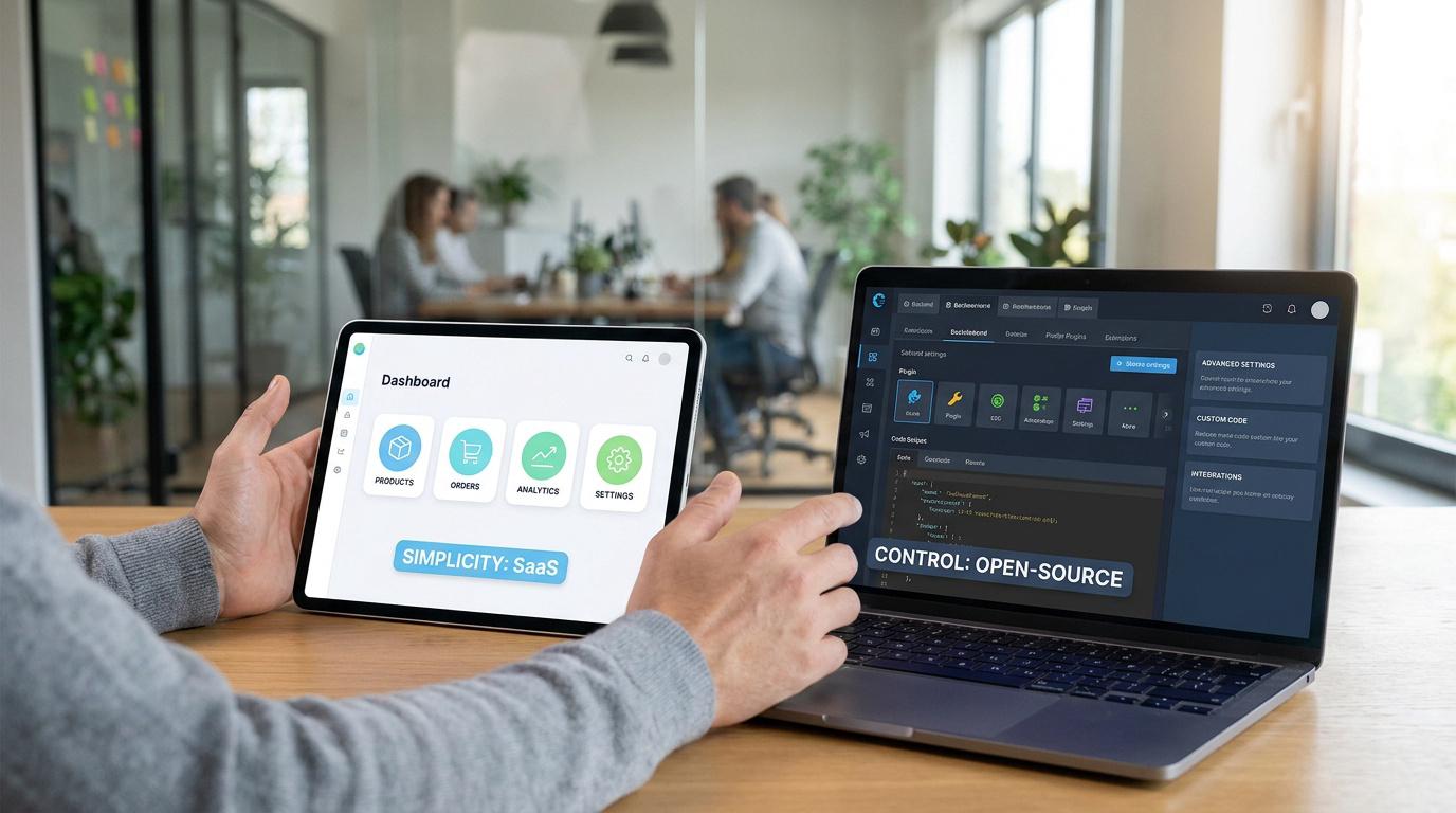 Personne utilisant une tablette pour Shopify et un ordinateur portable pour WooCommerce dans un bureau.