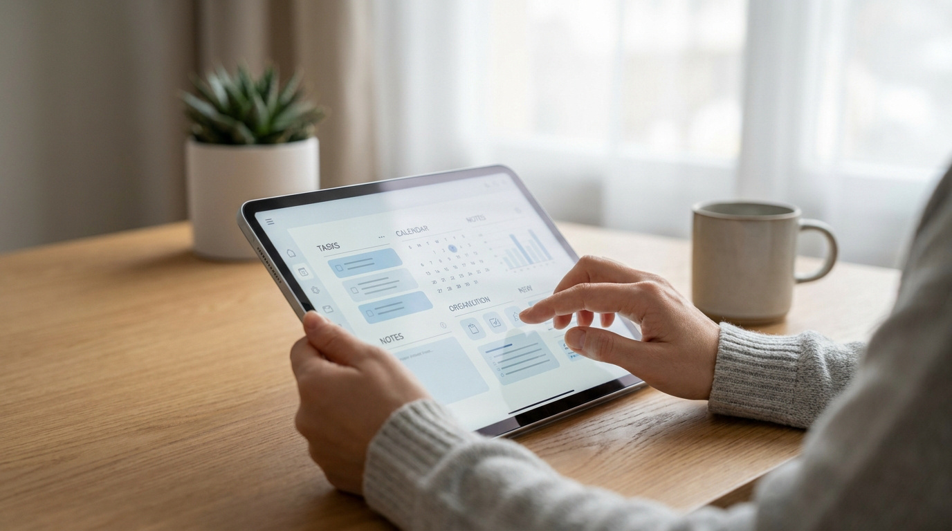 Une personne utilise une tablette tactile affichant une interface d'organisation type Notion sur une table en bois.