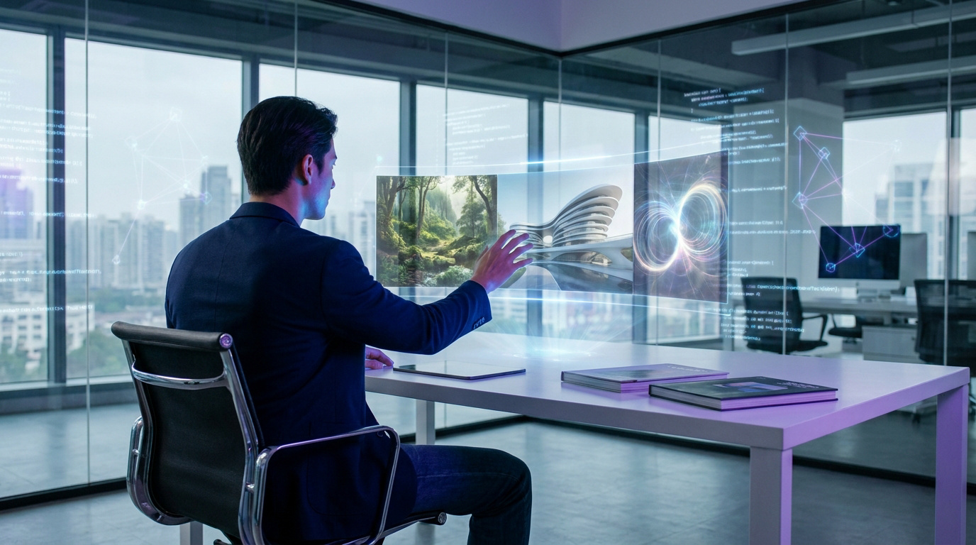 Un homme en costume manipule des interfaces holographiques futuristes devant une baie vitrée de bureau.