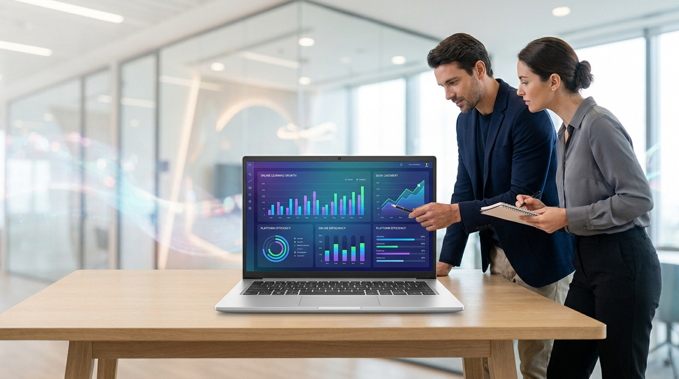 Deux professionnels analysant des graphiques de performance sur un ordinateur portable dans un bureau moderne.
