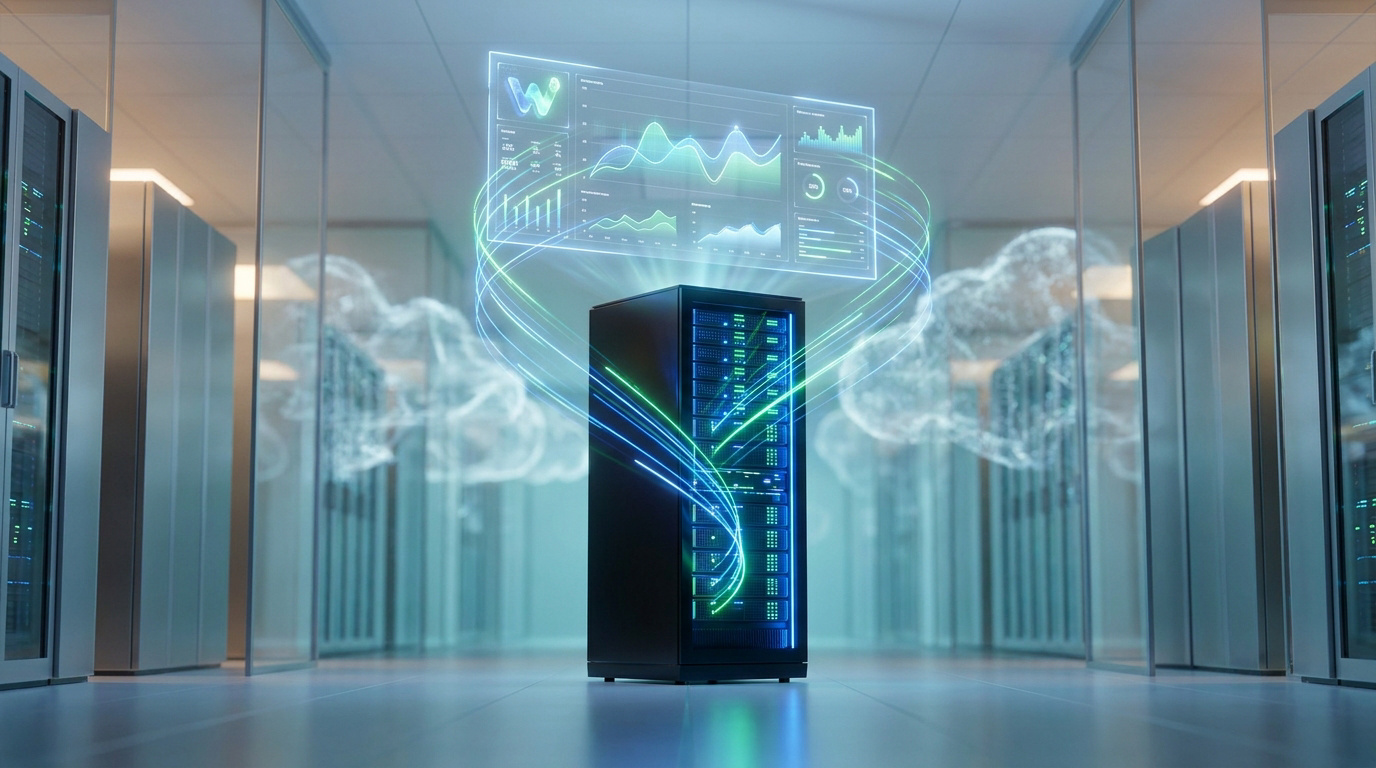 Serveur informatique futuriste au centre d'un centre de données avec des graphiques de performance holographiques.