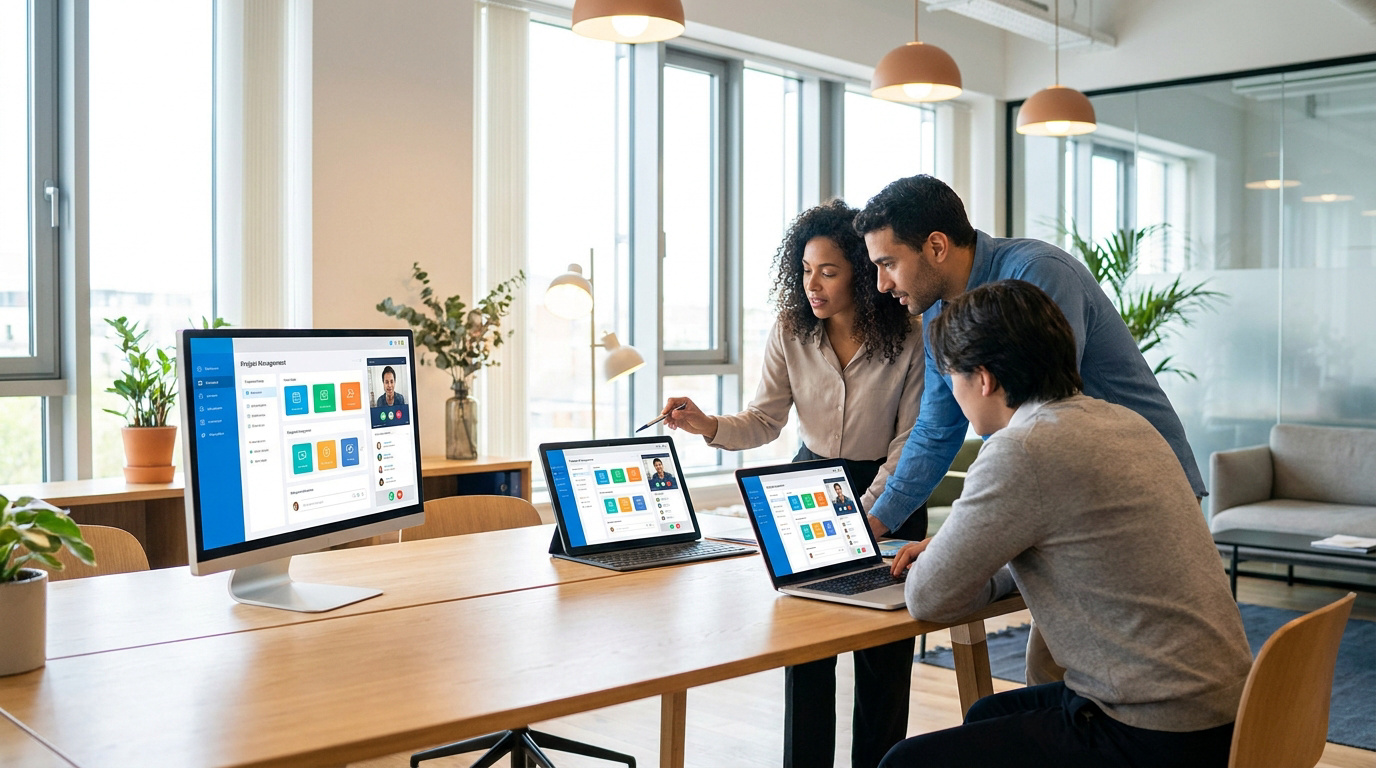 Trois collègues collaborent sur une plateforme de communication d'équipe dans un bureau moderne et lumineux.