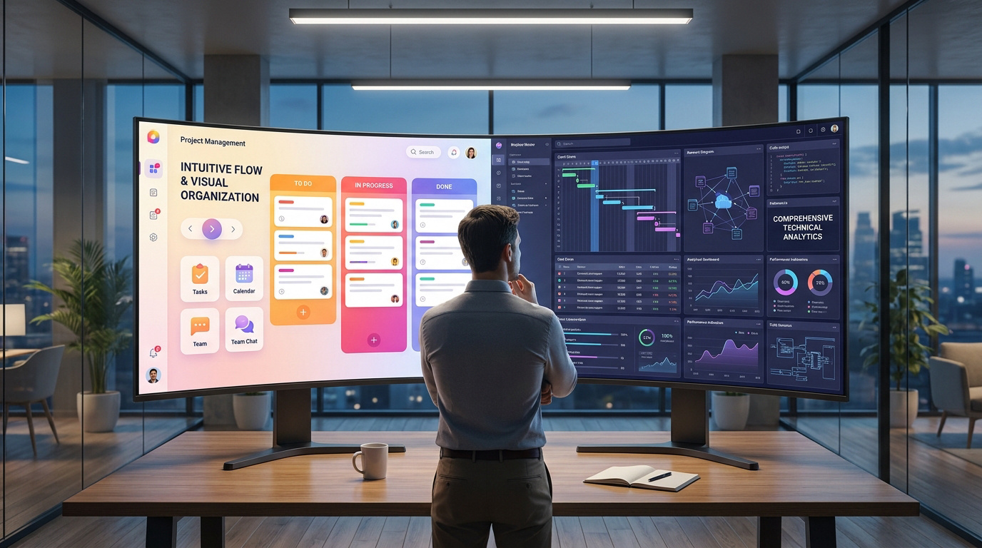 Un homme devant un écran large affichant des outils de gestion de projet.