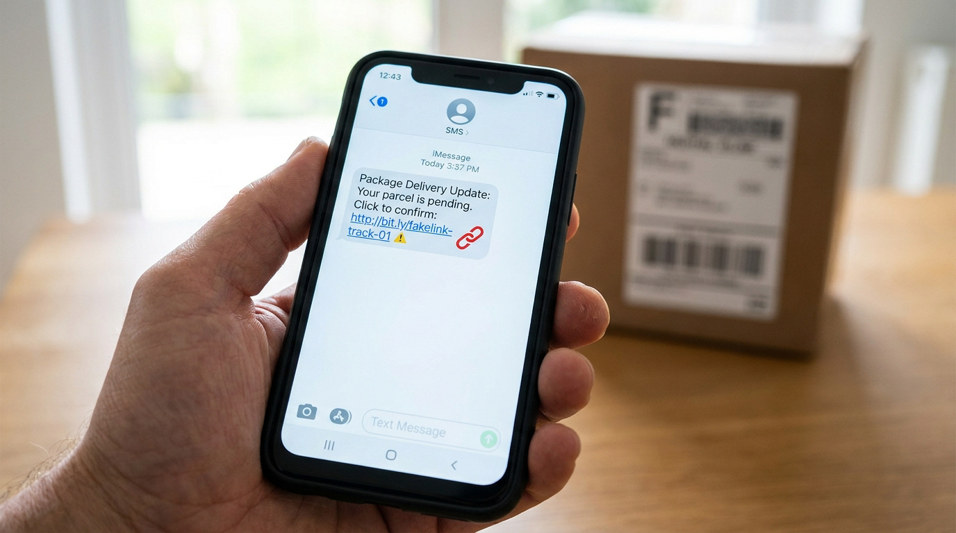 Une main tenant un smartphone affichant un SMS frauduleux concernant la livraison d'un colis avec un lien suspect.