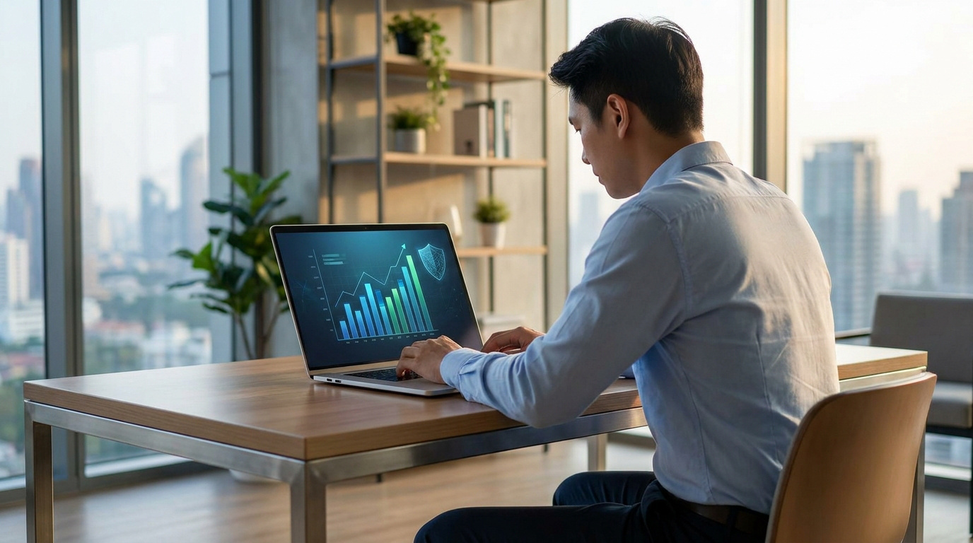 Un entrepreneur travaillant sur son ordinateur portable devant un graphique de croissance dans un bureau moderne.