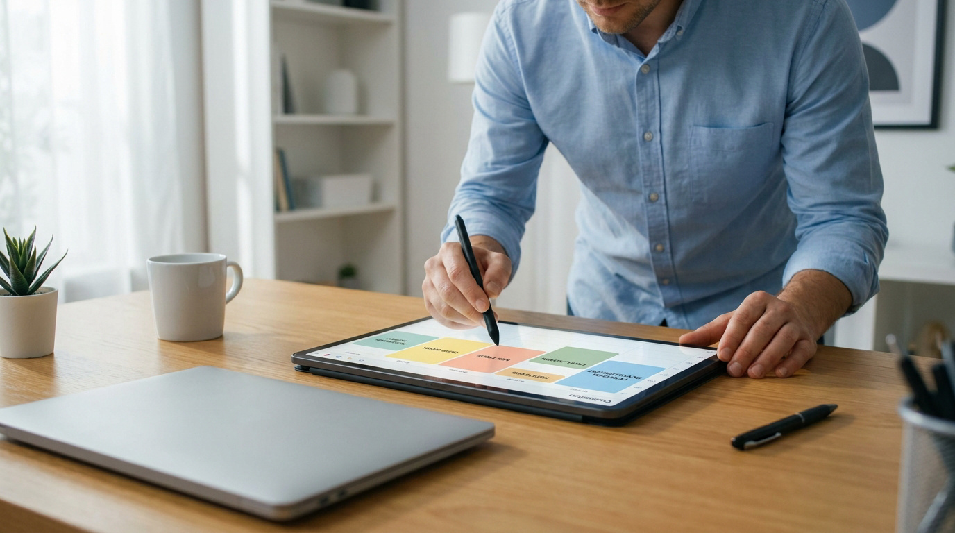 Un homme utilise un stylet sur une tablette tactile pour organiser ses tâches via la méthode du time blocking au bureau.