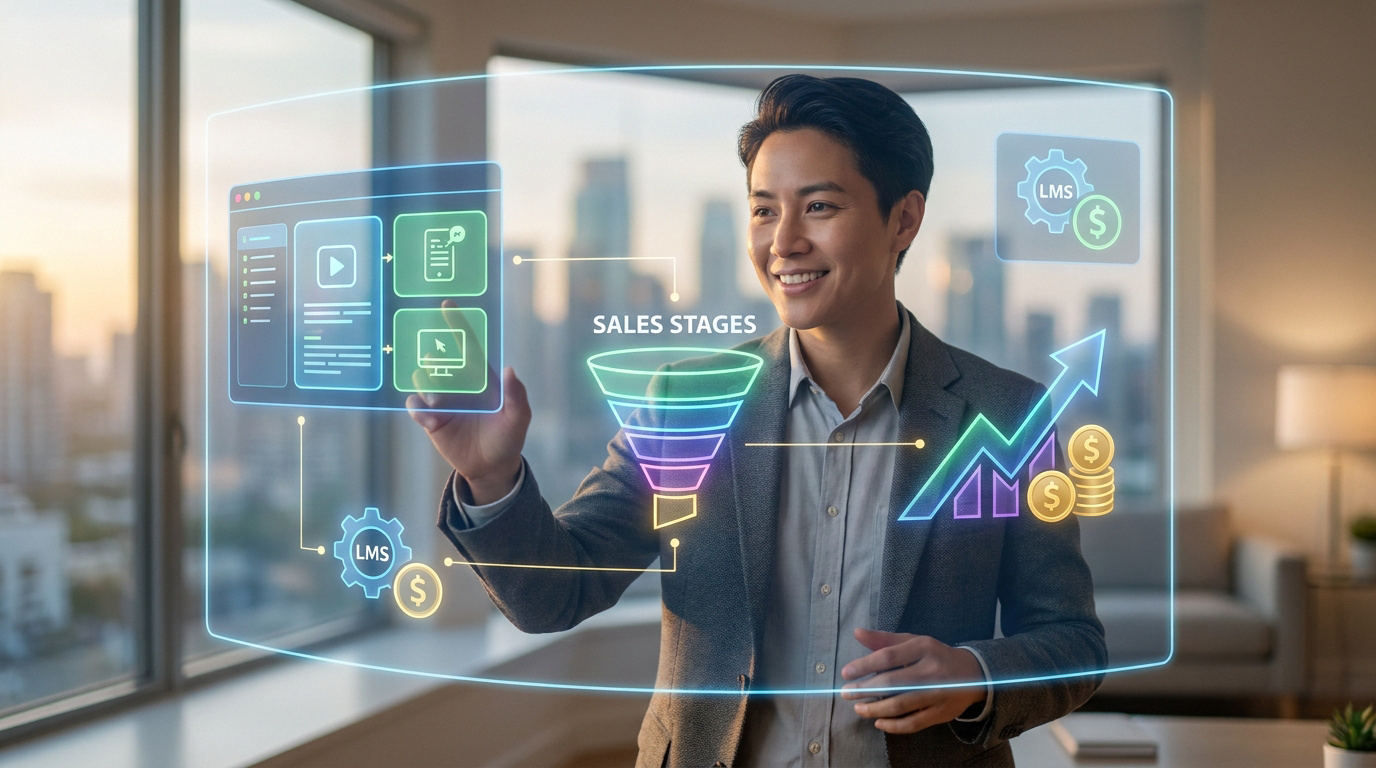 Un homme d'affaires interagissant avec une interface holographique montrant un entonnoir de vente et des outils LMS.