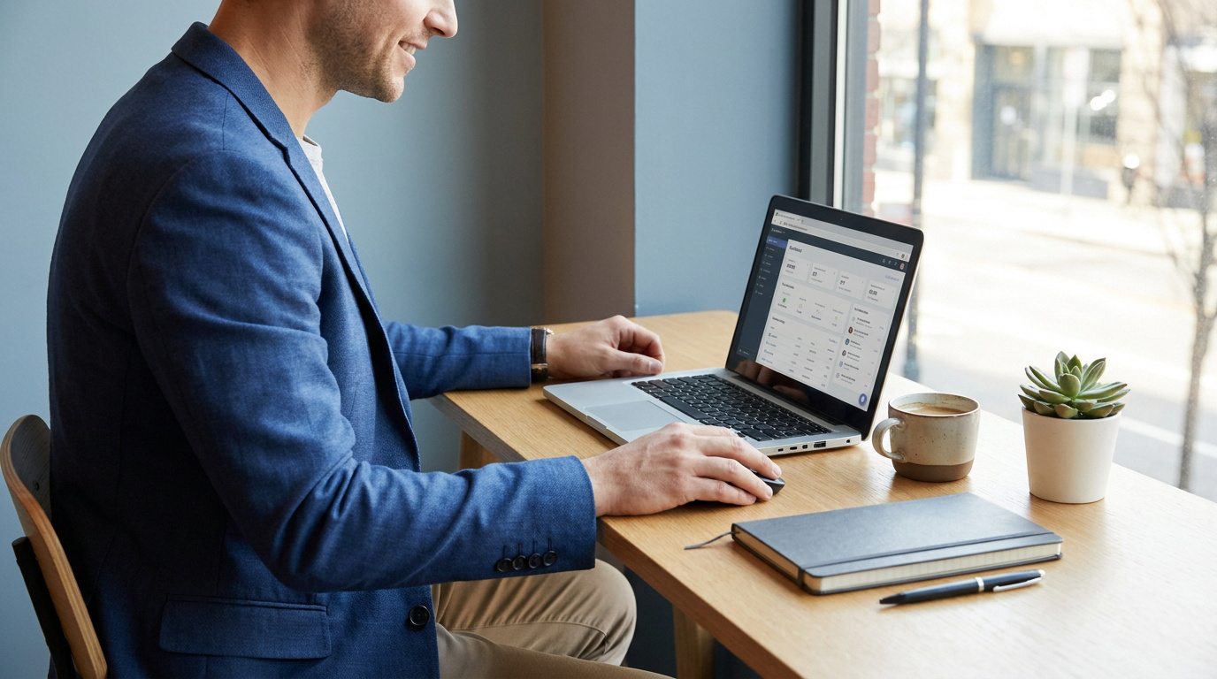 Un copywriter freelance en costume bleu travaille sur son ordinateur portable devant une fenêtre lumineuse.